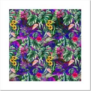 Cute tropical floral leaves botanical illustration, tropical plants,leaves and flowers, dark purple leaves pattern Posters and Art